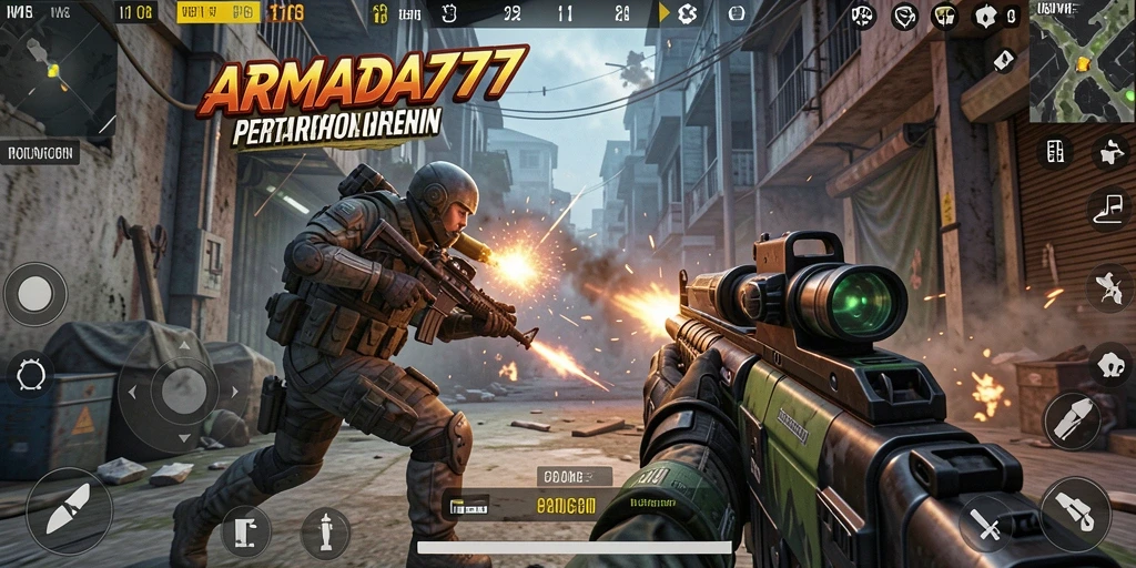Tampilan utama ARMADA777 dengan aksi gameplay FPS yang mendebarkan.