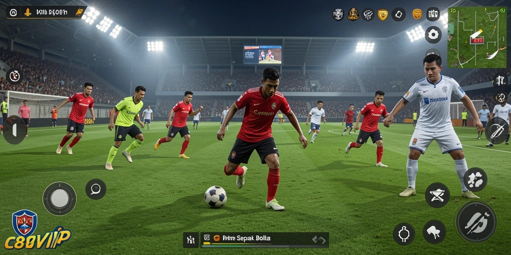 Tangkapan layar utama C8VIP menunjukkan aksi mendebarkan di lapangan sepak bola.