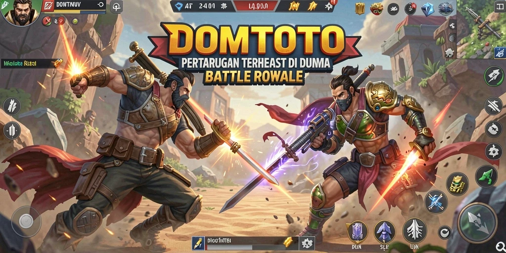 Screenshot gameplay DOMTOTO dengan aksi mengesankan di medan perang Battle Royale.