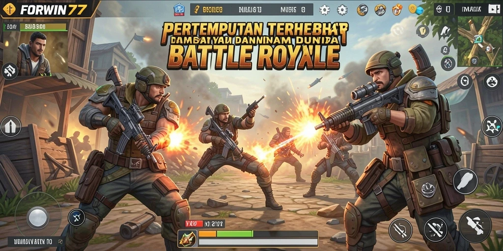 Screenshot utama FORWIN77 yang menampilkan pertempuran seru dalam Battle Royale.