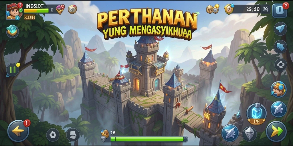 Screenshot gameplay INDSLOT yang menunjukkan aksi pertahanan menara.
