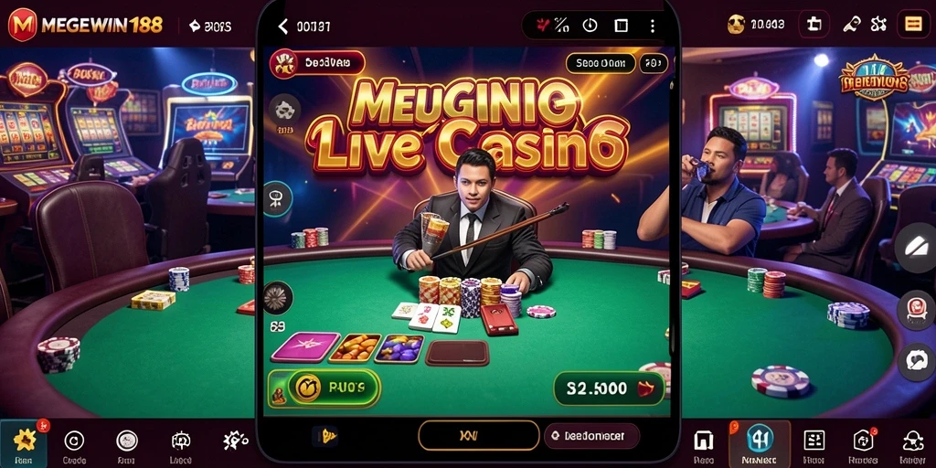 Screenshot gameplay MEGEWIN188 yang menampilkan dealer langsung dan permainan.