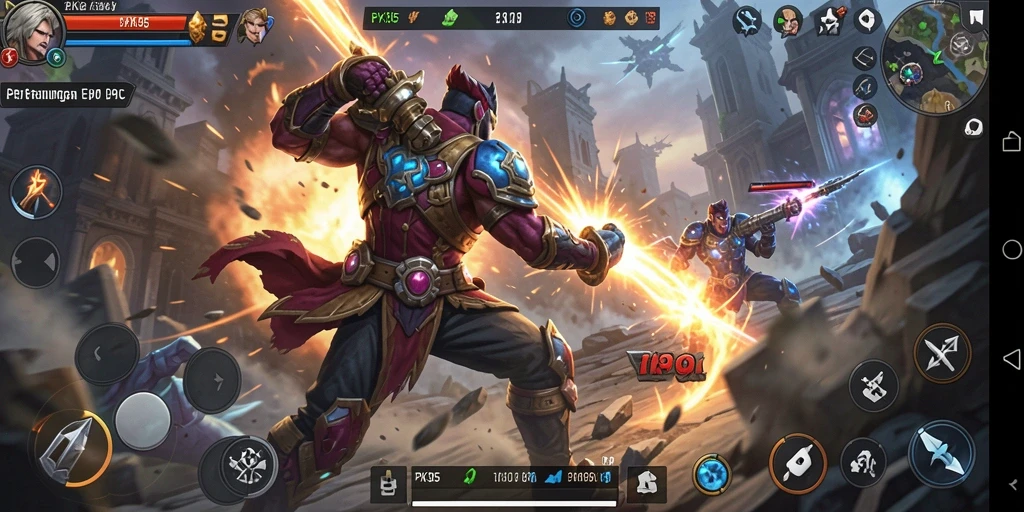 Screenshot gameplay PK95 menampilkan pertarungan seru dengan efek visual yang memukau.