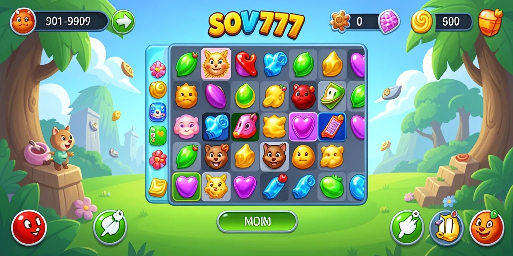 Tampilan gameplay seru dalam SOV777 dengan item berwarna-warni yang menarik.
