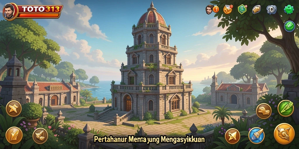 Tampilan gameplay TOTO313 dengan menara yang siap bertahan.