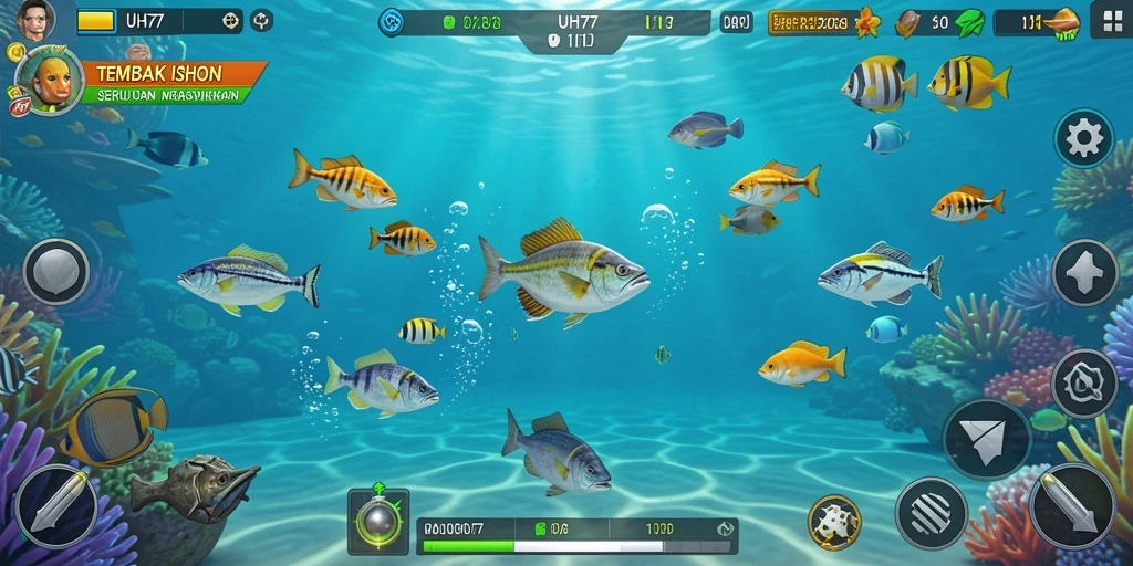 Gameplay UH77 dengan aksi menembak ikan yang seru.